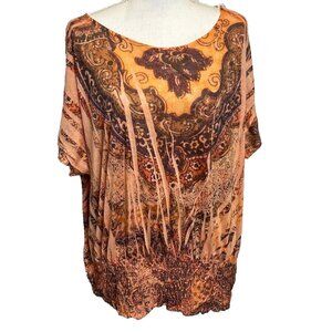 Carole Little Boho Abstract Print Blouse Womens 3X Orange Brown Short Sleeve Top